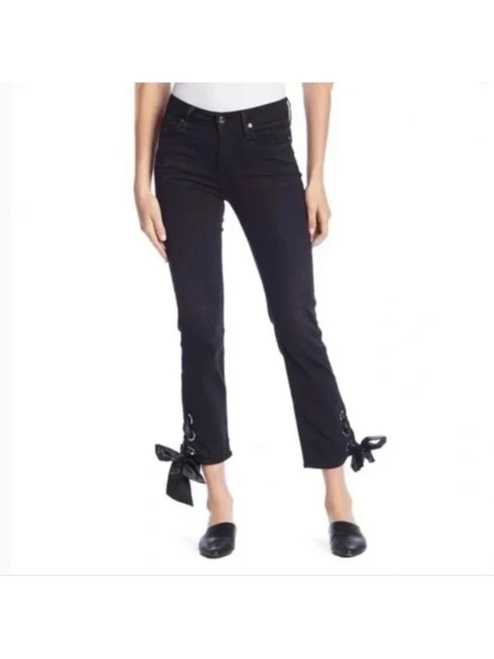 Good American Black Straight Ankle
Ribbon Lace Tie Jeans